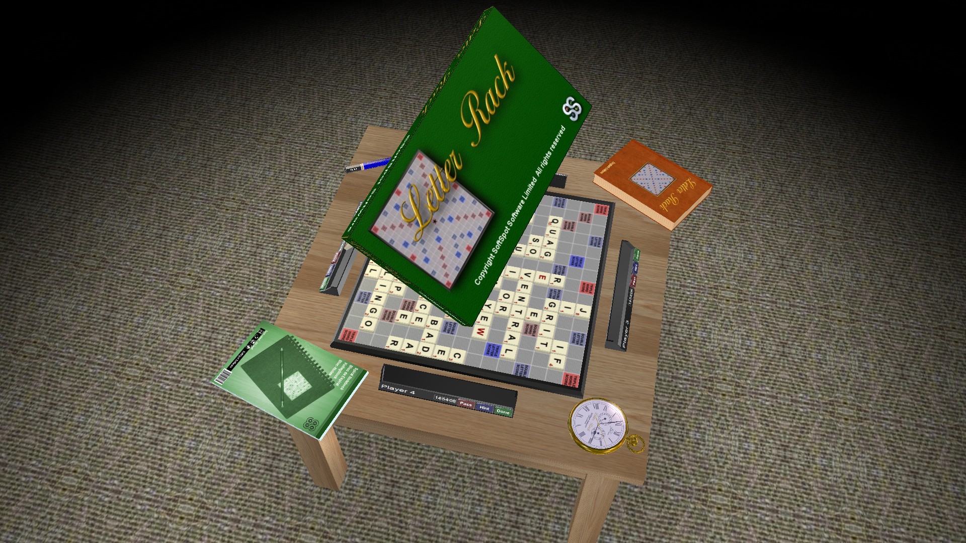 Letter Rack 3D: a word-tile game in progress on a wooden table, with a pencil, notebook, dictionary and pocket watch