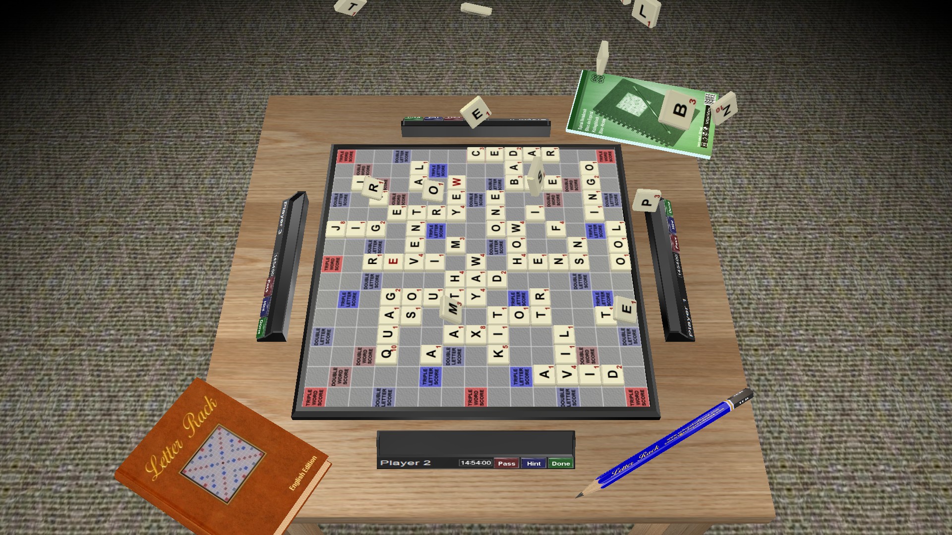 Letter Rack 3D mid-game: a crowded board of word tiles, with the dictionary, pocket watch, pencil and notebook around it