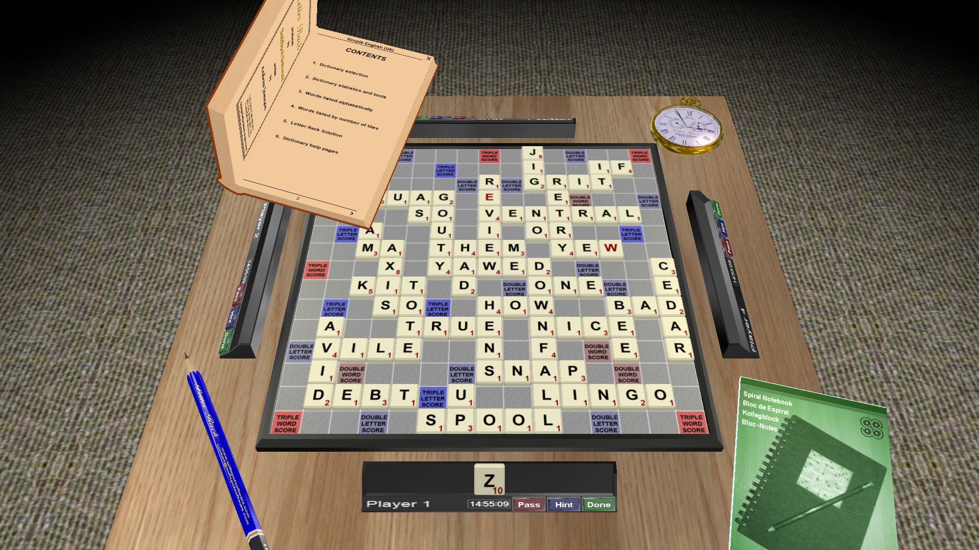 Letter Rack 3D: the green Letter Rack box lid hovering above a board of word tiles, with a pocket watch, pencil and notebook beside the table