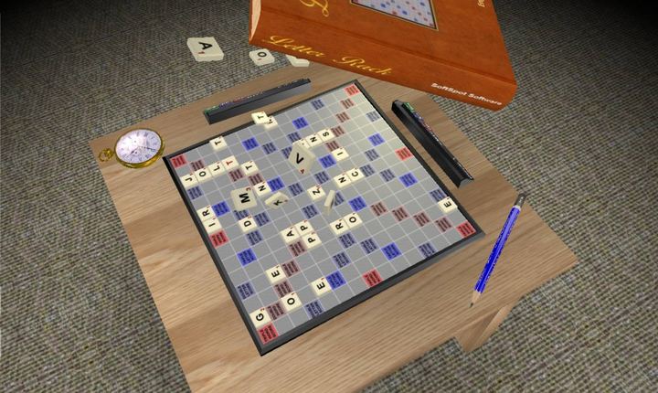 Letter Rack 3D: a game in progress on a small wooden table, with the dictionary, pocket watch and pencil beside the board and loose tiles in mid-air