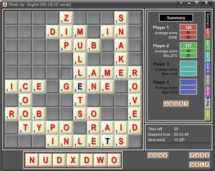 Whats Up playing the English (UK) dictionary: a busy board with words such as MULLETS, INLETS, SNAKE and ROVED, a summary panel with each player's score, and the player's rack of tiles along the bottom